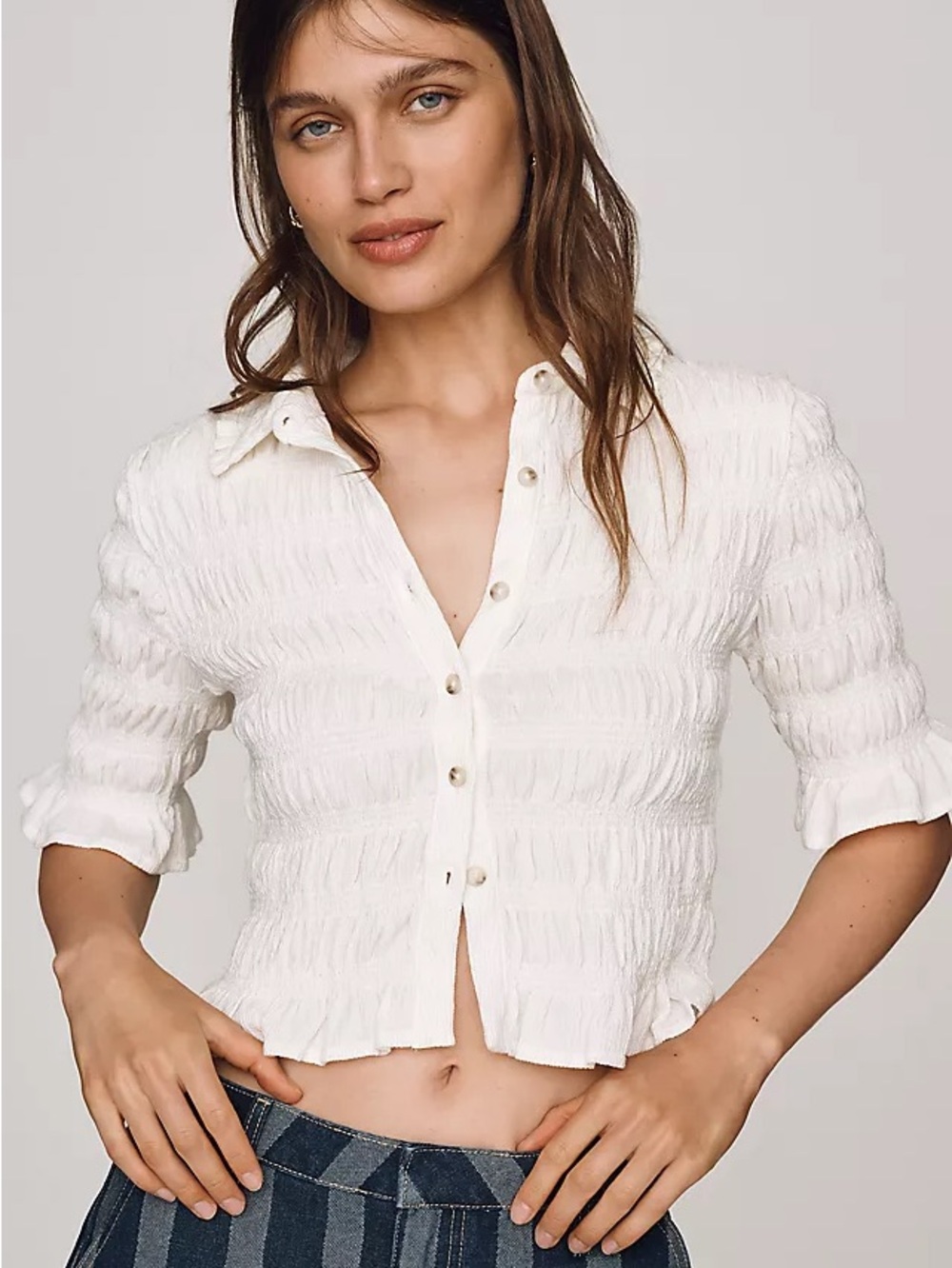 Anthropologie Maeve Smocked Button-Front Top